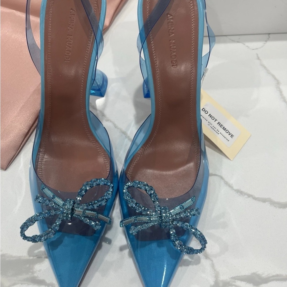 Amina Muaddi Teal Slingback Heels with Bow - Picture 3 of 9